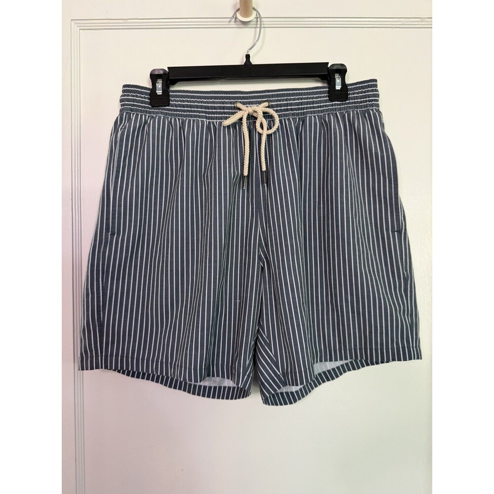 Fair Harbor Swim Trunks Men's XL Gray White Stripe Lined Drawstring Zip Pocket
